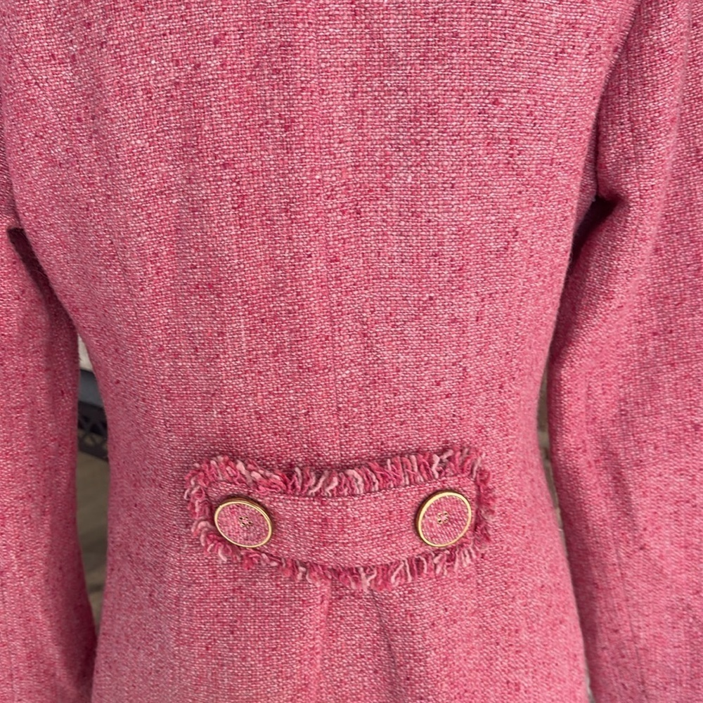 Cabi Madison Avenue pink tweed double breasted coat fringe hem gold hardware - Picture 12 of 16